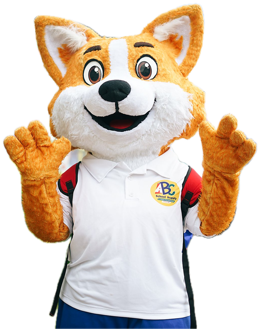 Newton, la mascota de ABC School Supply, saludando