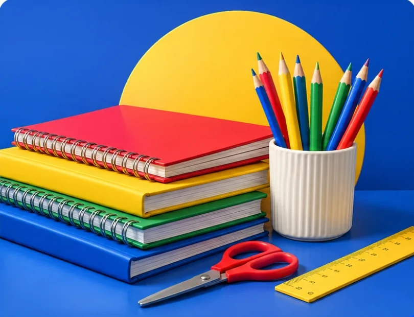 Cuadernos, lápices de colores, tijeras y regla