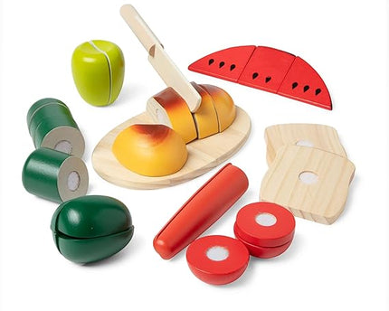 JUGUETE FOOD WOODEN PIECES, KNIFE, CUTTING BOARD SET