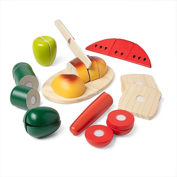 JUGUETE FOOD WOODEN PIECES, KNIFE, CUTTING BOARD SET