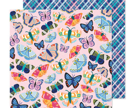 PAPEL PARA SCRAPBOOK MARIPOSAS CUADRICULA ROSADA