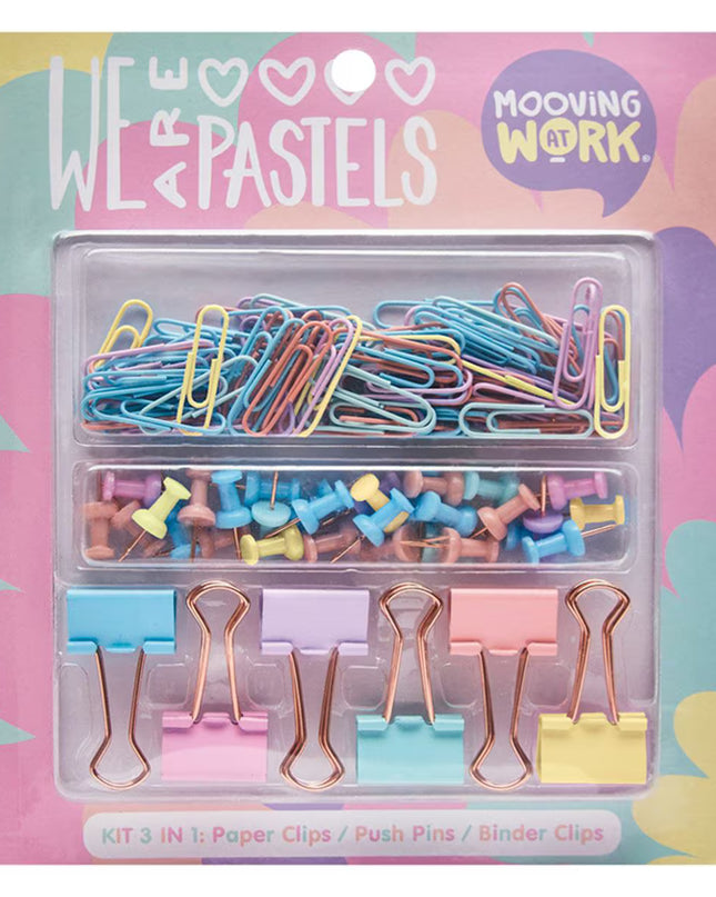 Set de oficina, con 6 sujetadores de carpeta de diferentes colores pastel,  tachuelas doradas en colores pasteles .