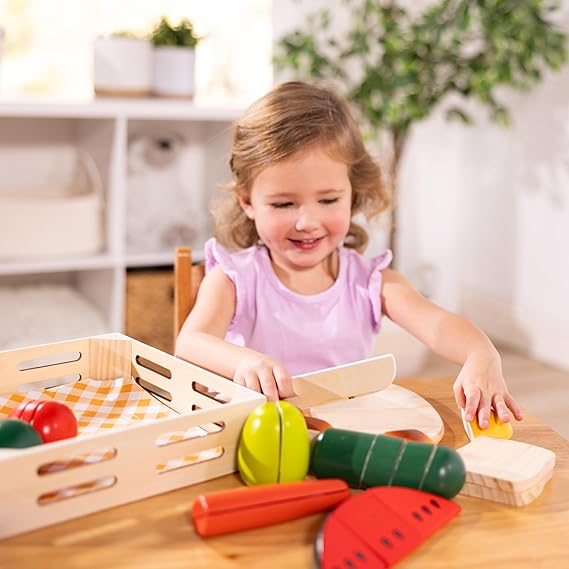 JUGUETE FOOD WOODEN PIECES, KNIFE, CUTTING BOARD SET