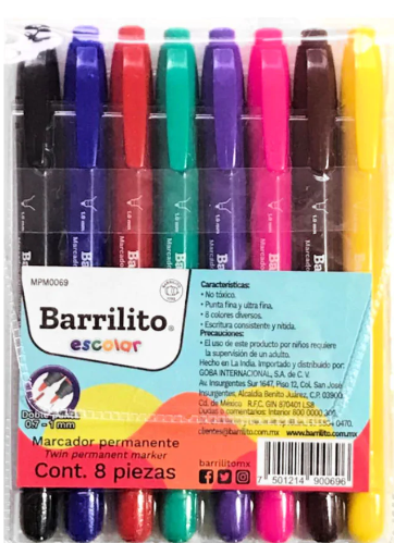 MARCADORES DE COLORES PERMANENTES DOBLE PUNTA 8 PCS